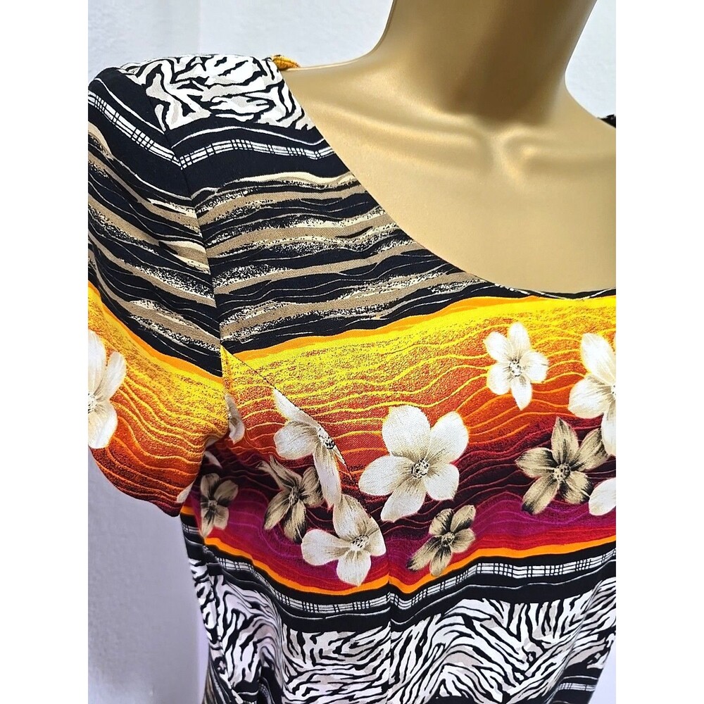 90's Side Tie Floral Dress Sz 6 Midi Hawaiian Tropical Colorful Boho Wrap Travel